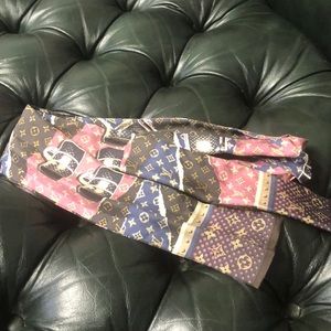 Louis Vuitton silk luggage print logo scarf/ bow